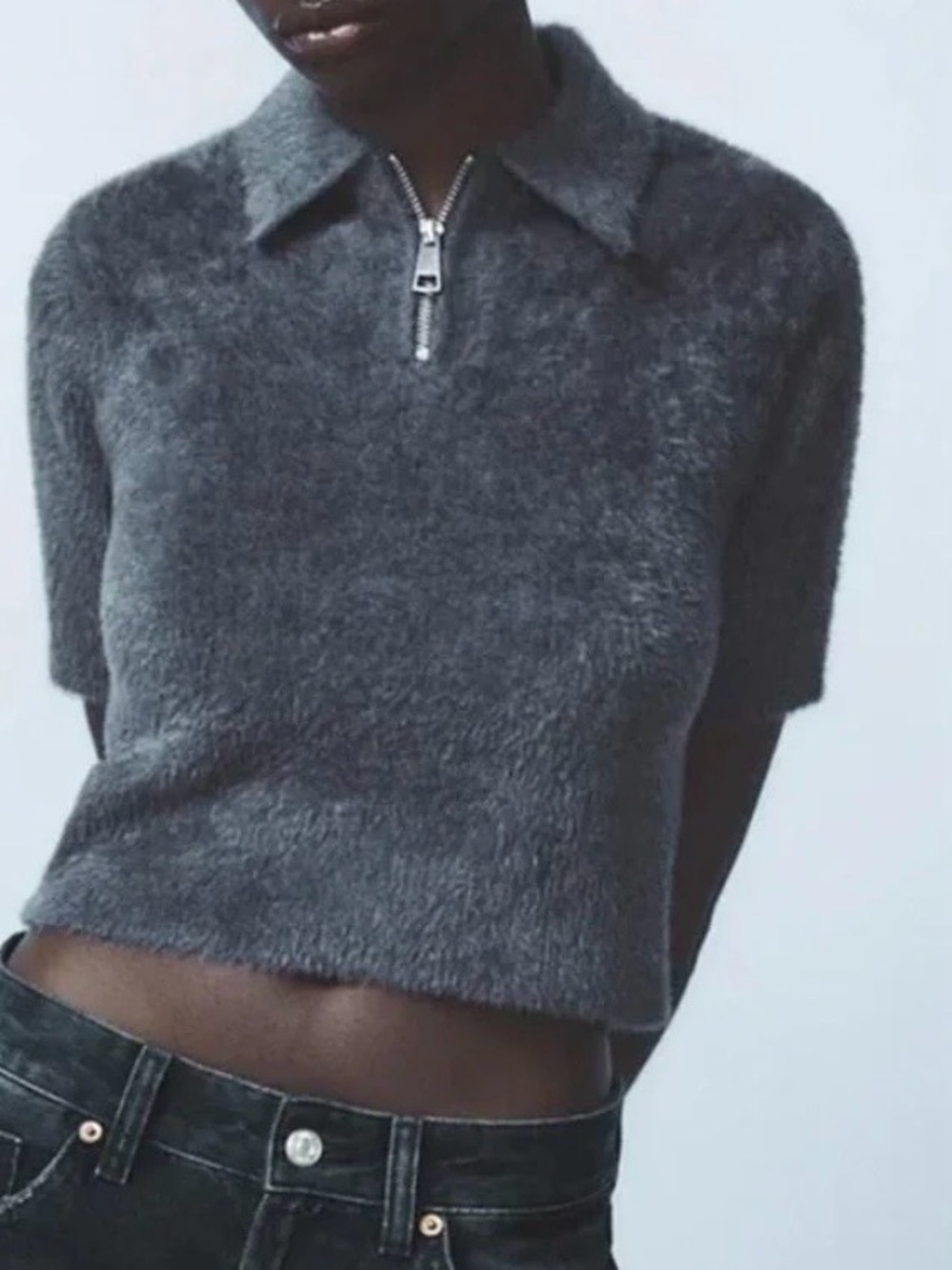Zara Gray Fuzzy Crop Polo Top Knit Zip Quarter Collared Whimsygoth Y2K Size M